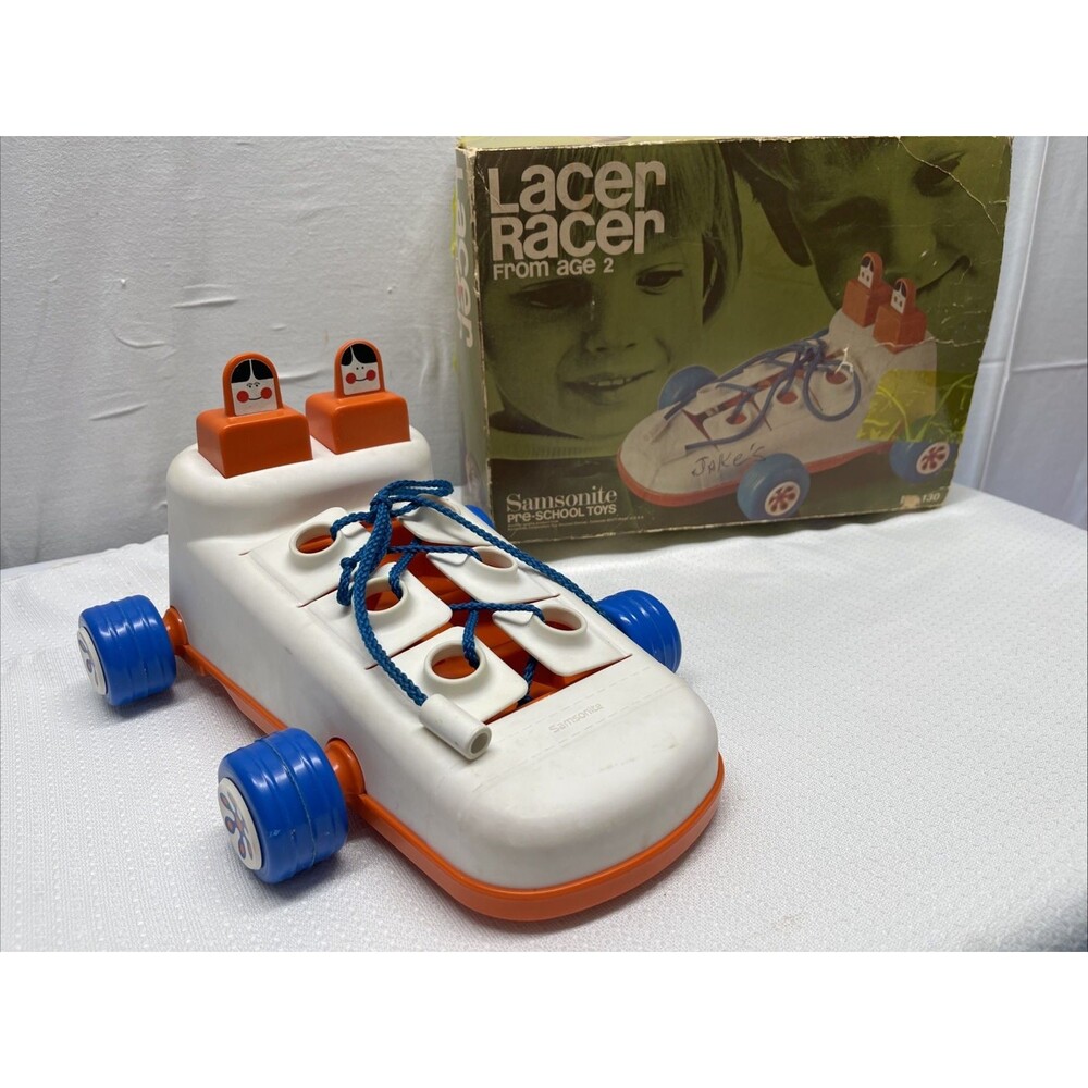 Vintage Pre-School LACER RACER Shoe Car Learning Toy Shoe Tying Shapes w/Box